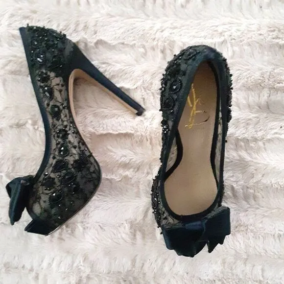 Joan &amp; David Dacutie Black Lace Beaded Platform Heels Size 7.5M