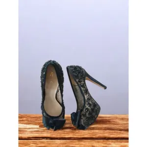 Joan &amp; David Dacutie Black Lace Beaded Platform Heels Size 7.5M