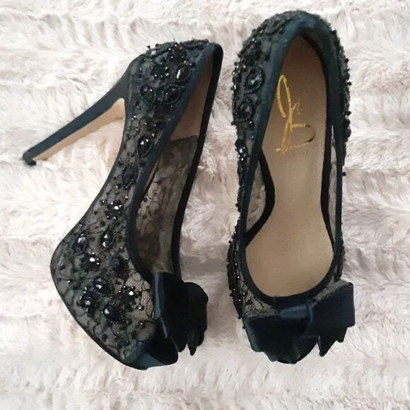 Joan &amp; David Dacutie Black Lace Beaded Platform Heels Size 7.5M