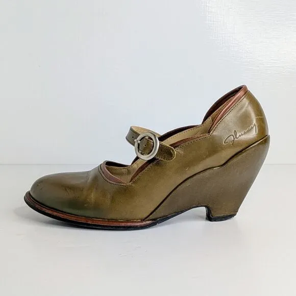 John Fluevog Shoes Pinups Miss September Womens 6 Green Mary Jane Wedge Heels