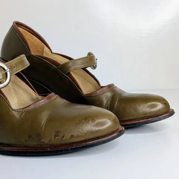 John Fluevog Shoes Pinups Miss September Womens 6 Green Mary Jane Wedge Heels