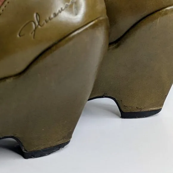John Fluevog Shoes Pinups Miss September Womens 6 Green Mary Jane Wedge Heels