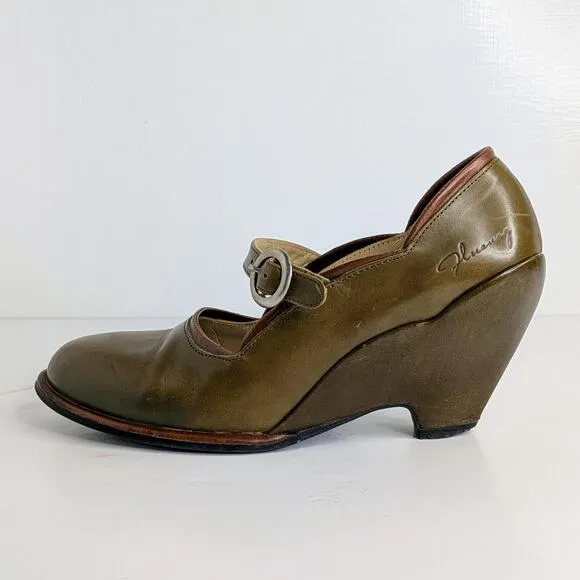 John Fluevog Shoes Pinups Miss September Womens 6 Green Mary Jane Wedge Heels