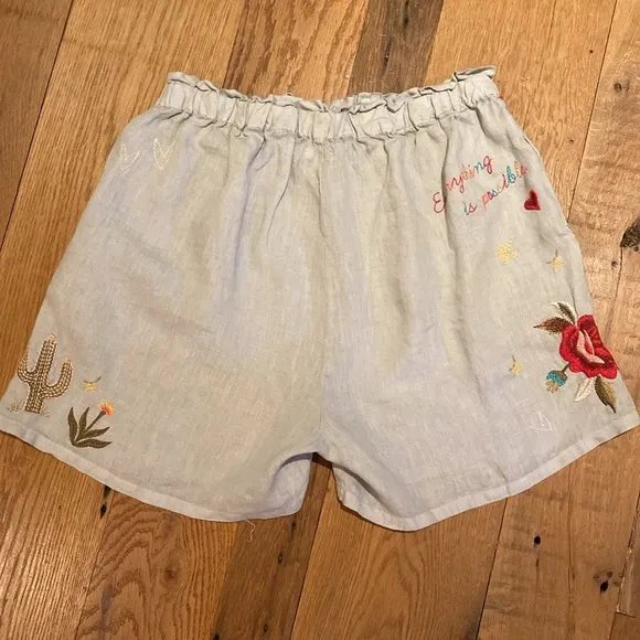 Johnny Was Monroe Natural Linen Elasticated Drawstring Embroidered Shorts SMALL