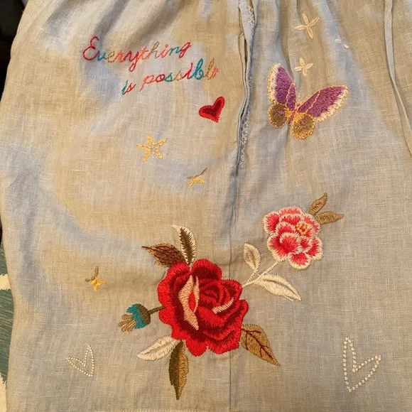 Johnny Was Monroe Natural Linen Elasticated Drawstring Embroidered Shorts SMALL