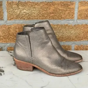 Joie Leather Metallic Gold Wood Stacked Block Heel Point Toe Ankle Boots Sz 37.5