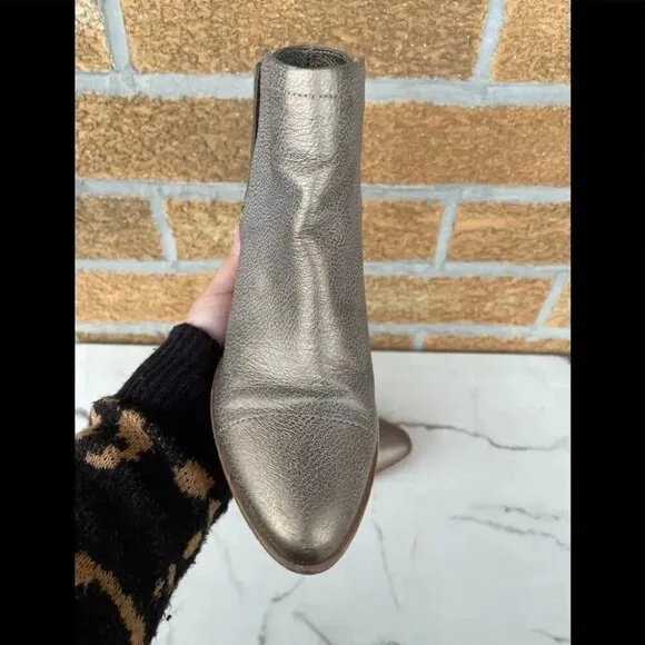 Joie Leather Metallic Gold Wood Stacked Block Heel Point Toe Ankle Boots Sz 37.5