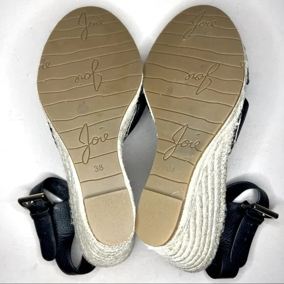 Joie Lena Espadrille Wedge Black Leather Sandals Women’s Size EU 38 US 7.5