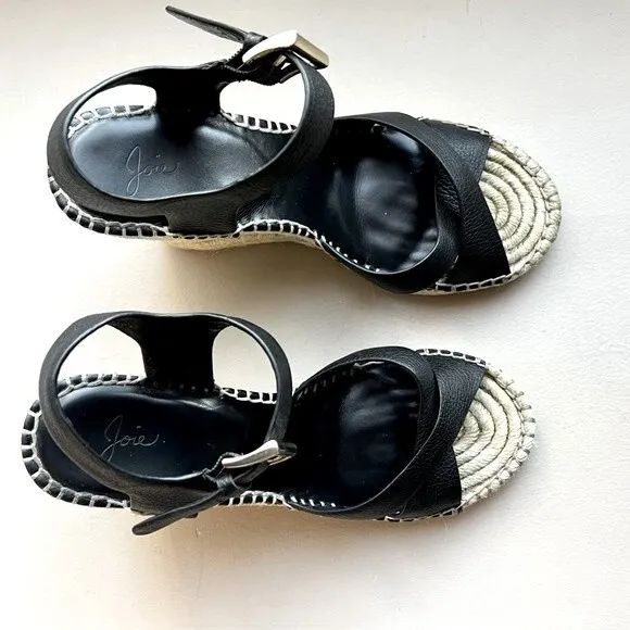 Joie Lena Espadrille Wedge Black Leather Sandals Women’s Size EU 38 US 7.5