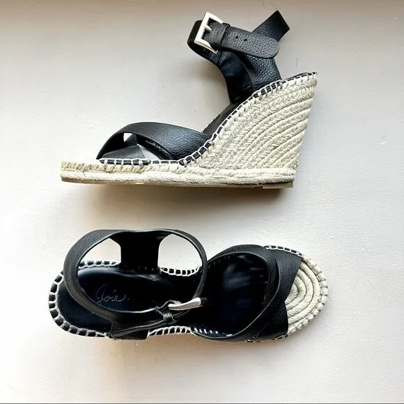 Joie Lena Espadrille Wedge Black Leather Sandals Women’s Size EU 38 US 7.5