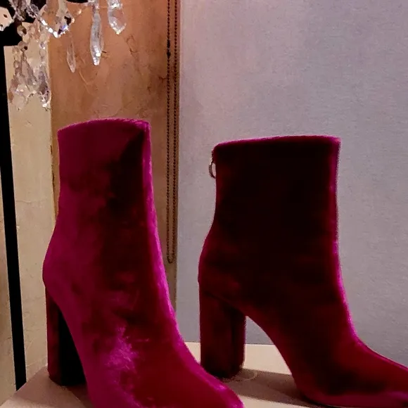 JOIE Saleema Velvet Block Heel Ankle Boots Booties - Cerise Hot Pink - Size 37.5