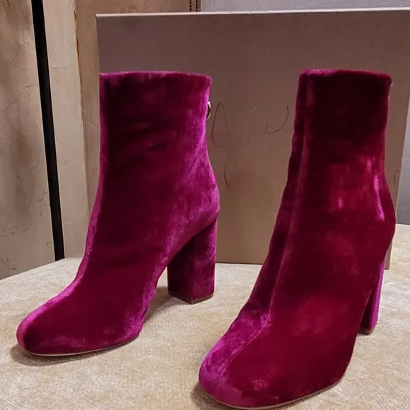 JOIE Saleema Velvet Block Heel Ankle Boots Booties - Cerise Hot Pink - Size 37.5