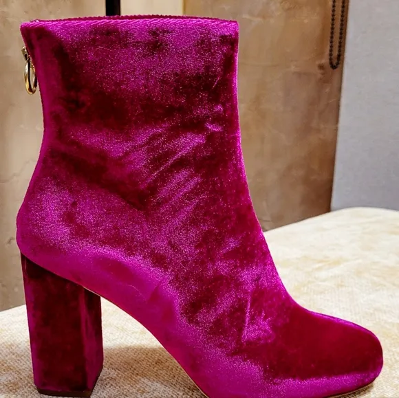 JOIE Saleema Velvet Block Heel Ankle Boots Booties - Cerise Hot Pink - Size 37.5