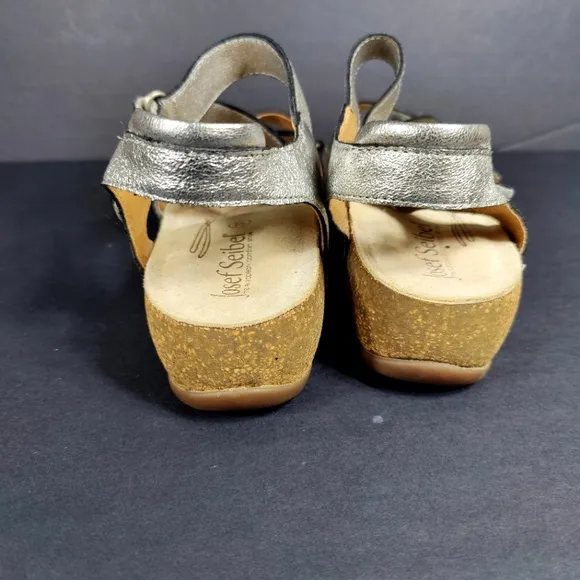 Josef Seibel Women's Natalya Platinum Glitter Strappy Flower Wedge Sandal Sz 6.5