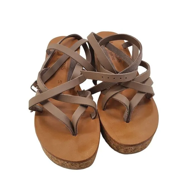 K. Jacques Women's Platform Open Toe Thong Leather Wedge Sandals Brown Size 11