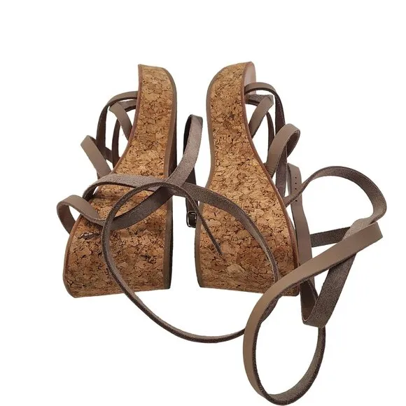 K. Jacques Women's Platform Open Toe Thong Leather Wedge Sandals Brown Size 11