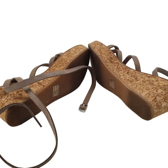 K. Jacques Women's Platform Open Toe Thong Leather Wedge Sandals Brown Size 11