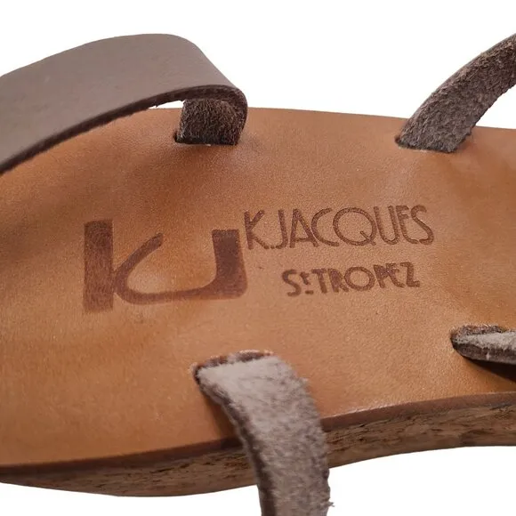 K. Jacques Women's Platform Open Toe Thong Leather Wedge Sandals Brown Size 11