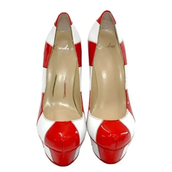 Kandee Valentines Christmas Red White Stripes Leather Platform Heels 39 7.5-8