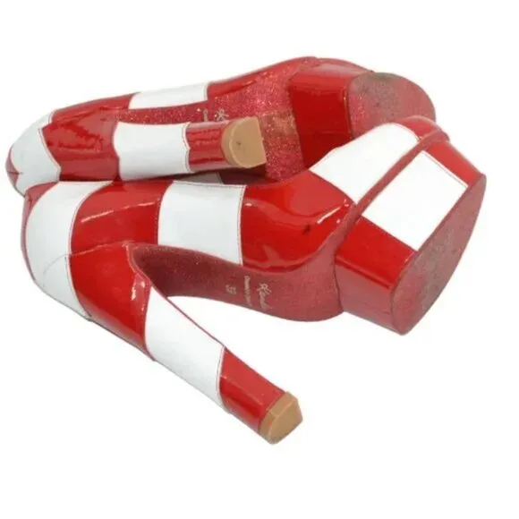 Kandee Valentines Christmas Red White Stripes Leather Platform Heels 39 7.5-8