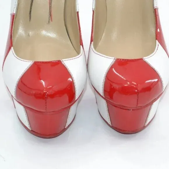 Kandee Valentines Christmas Red White Stripes Leather Platform Heels 39 7.5-8