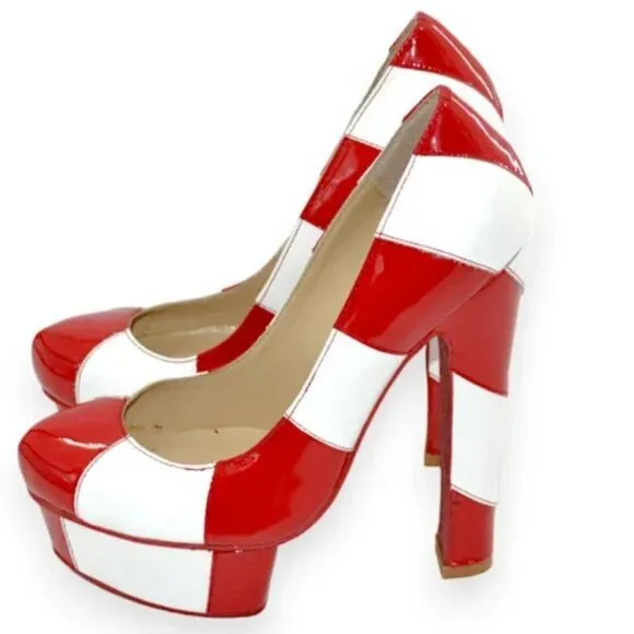 Kandee Valentines Christmas Red White Stripes Leather Platform Heels 39 7.5-8