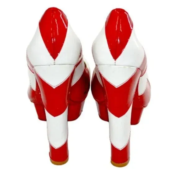 Kandee Valentines Christmas Red White Stripes Leather Platform Heels 39 7.5-8