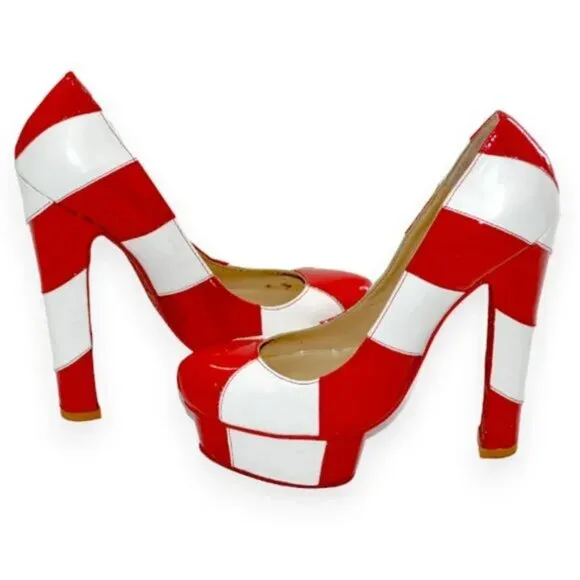 Kandee Valentines Christmas Red White Stripes Leather Platform Heels 39 7.5-8
