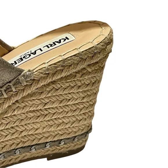KARL LAGERFELD CARINA METALLIC ESPADRILLE WEDGE SANDALS SZ 5 M EUC