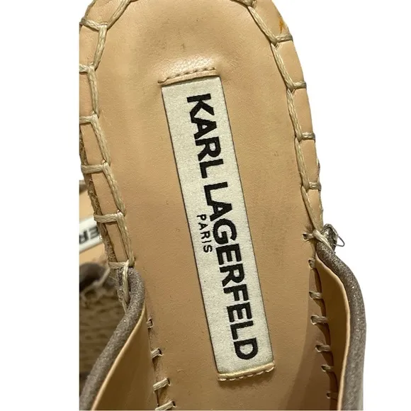KARL LAGERFELD CARINA METALLIC ESPADRILLE WEDGE SANDALS SZ 5 M EUC