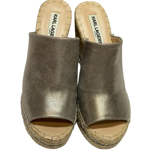 KARL LAGERFELD CARINA METALLIC ESPADRILLE WEDGE SANDALS SZ 5 M EUC