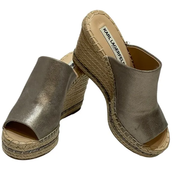 KARL LAGERFELD CARINA METALLIC ESPADRILLE WEDGE SANDALS SZ 5 M EUC