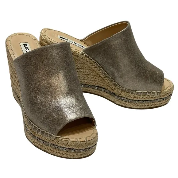 KARL LAGERFELD CARINA METALLIC ESPADRILLE WEDGE SANDALS SZ 5 M EUC