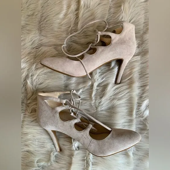Karl Lagerfeld Paris Jasmin Taupe Suede Leather Ankle Lace up Tie Heels Pump 9M