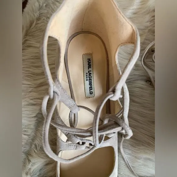 Karl Lagerfeld Paris Jasmin Taupe Suede Leather Ankle Lace up Tie Heels Pump 9M