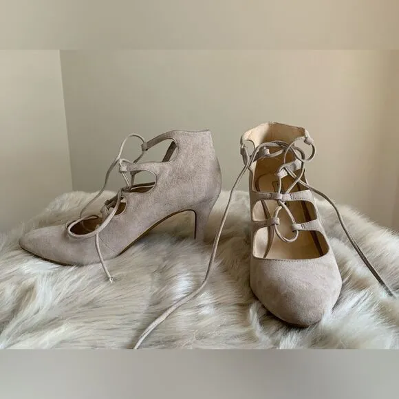 Karl Lagerfeld Paris Jasmin Taupe Suede Leather Ankle Lace up Tie Heels Pump 9M