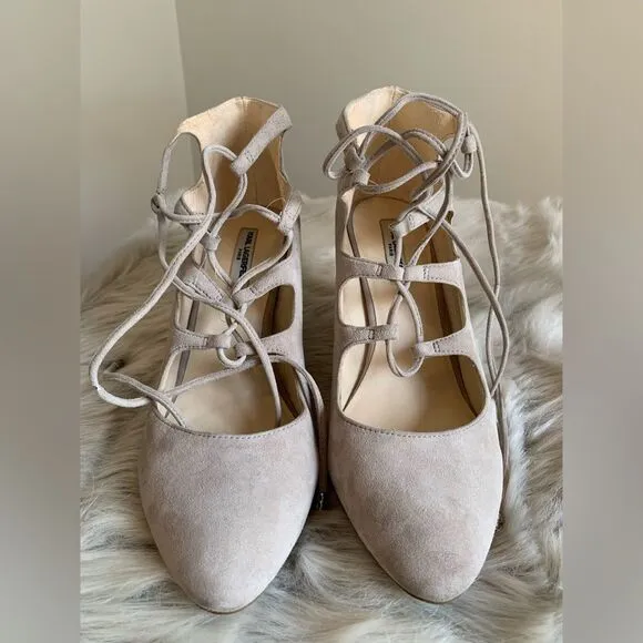 Karl Lagerfeld Paris Jasmin Taupe Suede Leather Ankle Lace up Tie Heels Pump 9M