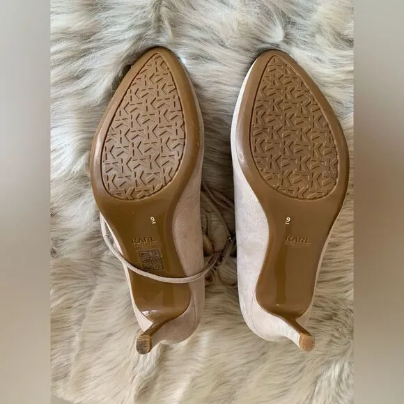 Karl Lagerfeld Paris Jasmin Taupe Suede Leather Ankle Lace up Tie Heels Pump 9M