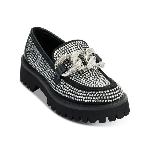 KARL LAGERFELD PARIS Womens Black 1&quot; Platform Chain Giana Loafers Shoes 6.5