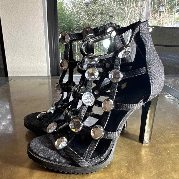 Karl Lagerfeld Womens Heeled Sandals Beatriz Crystal Block Heel Denim Black 5