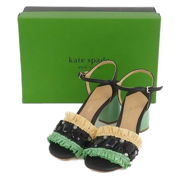 ♠️Kate Spade Bora Bora Heeled Sandals, Black/ Natural/ Mint NIB