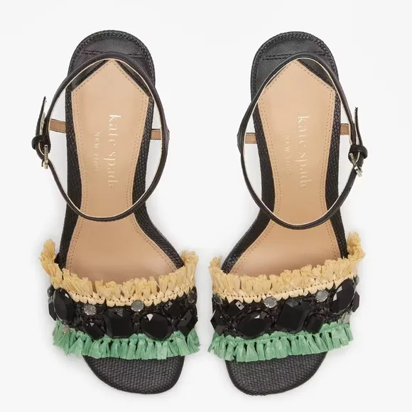 ♠️Kate Spade Bora Bora Heeled Sandals, Black/ Natural/ Mint NIB