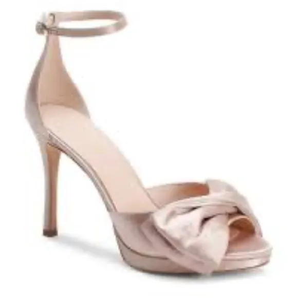 Kate Spade Bridal Bow Champagne Satin Platform Sandal Stiletto Heel Evening pump