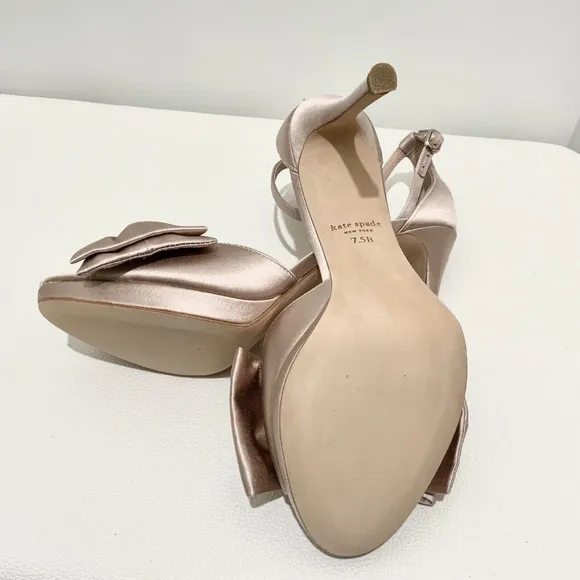Kate Spade Bridal Bow Champagne Satin Platform Sandal Stiletto Heel Evening pump