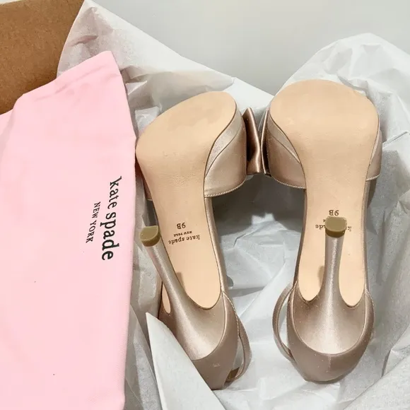 Kate Spade Bridal Bow Champagne Satin Platform Sandal Stiletto Heel Evening pump