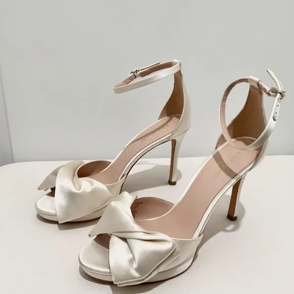 Kate Spade Bridal Bow Ivory Satin Platform Sandal Stiletto Heel Evening Pumps 6