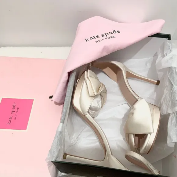 Kate Spade Bridal Bow Ivory Satin Platform Sandal Stiletto Heel Evening Pumps 6