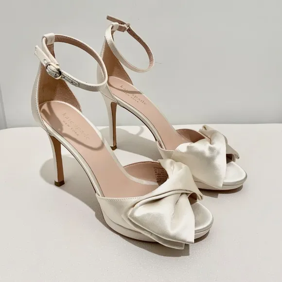 Kate Spade Bridal Bow Ivory Satin Platform Sandal Stiletto Heel Evening Pumps 6