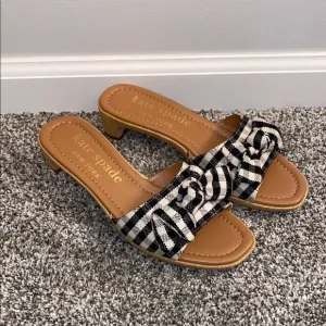 Kate Spade Lilah Gingham Knotted Bow Slide Sandals Black/White