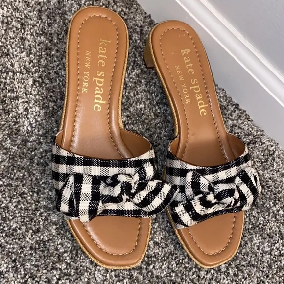 Kate Spade Lilah Gingham Knotted Bow Slide Sandals Black/White